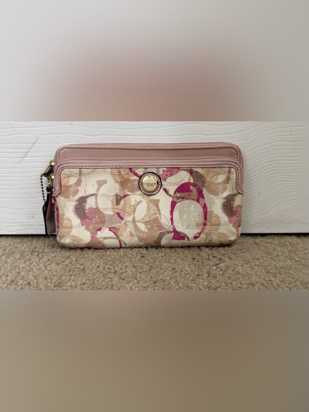 Coach Pink and Cream Signature Canvas Wallet with Gold Accent